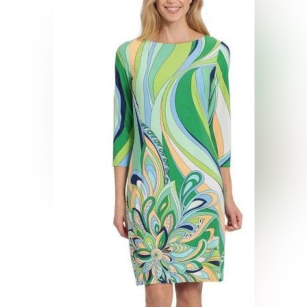 London Times Green and Blue Sheath Dress with 3/4 Sleeves
